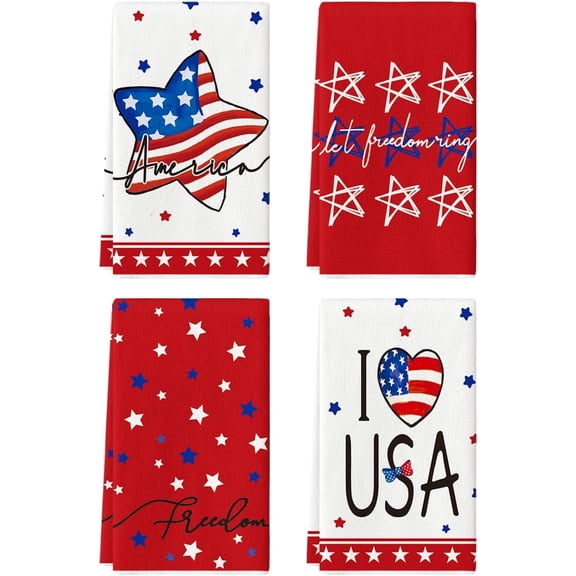 American Flag 4th of July Kitchen Towels Dish Towels, 18x26 Inch Stars Freedom I Love USA Decoration Hand Towels Set of 4
