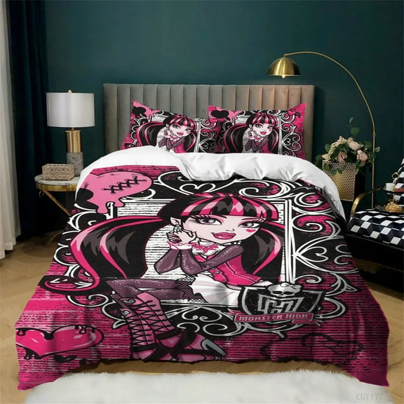Cartoon Monster High Duvet Cover Set Full Size Lightweight Bedding Set Comfy Soft Quilt Cover with 2 Pillow Cases