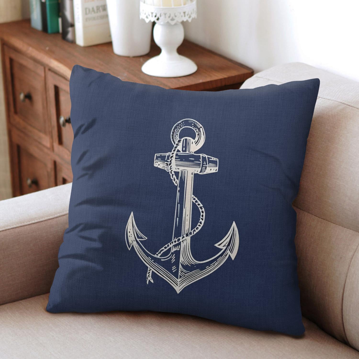 Set of 2 Navy Blue Nautical Throw Pillow Covers 16x16, Coastal Ocean Anchors Throw Pillow Cases, Decorative Linen Cushion Cases for Couch Sofa Living Room Home