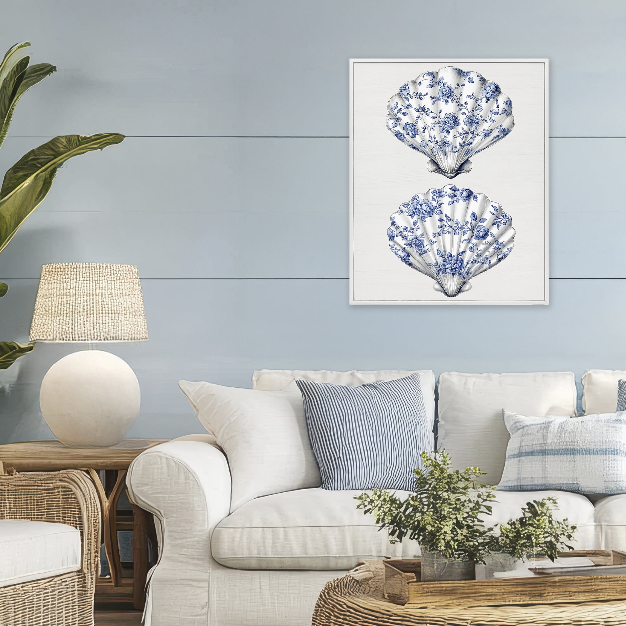 Delicate Toile Seashells White Framed Giclee Art, design by Lettered and Lined