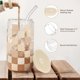 thumbnail image 3 of Vaso para Beber SANDJEST 470 ml con Tapa de Vidrio, Popote y Diseño Beige a Cuadros, 3 of 7