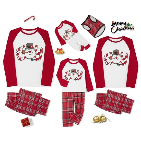 Matching Christmas Pjs for Family Christmas Pjs for Family Matching Christmas Pajamas Xmas Jammies Sleepwear Snowman Joy Print Long Sleeve Tops and Plaid Pants Set
