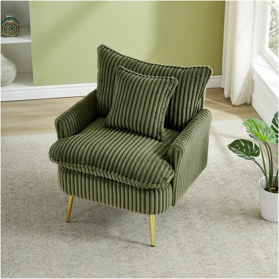 JERFIT Modern Corduroy Accent Chair, Single Seater Sofa for Living Room, Bedroom, Office, Apartment, Soft Green Fabric, Comfortable Upholstered Armchair with Pillow