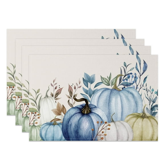 MIZHONA Blue Pumpkins Placemats Set of 4,Fall Autumn Thanksgiving Linen Table Mats for Table Decorations 12x18 in