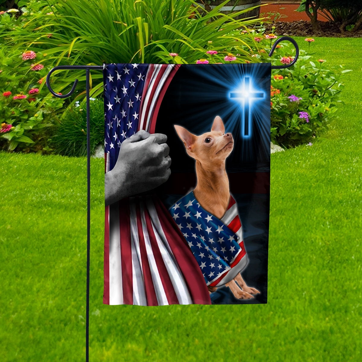 Hand Pulling USA Flag Chihuahua Dog Wearing Flag American Standing under Cross Christian Patriotic House Flag (3x5) Double Sided- Premium Polyester-Decorative Indoor Outdoor Flag