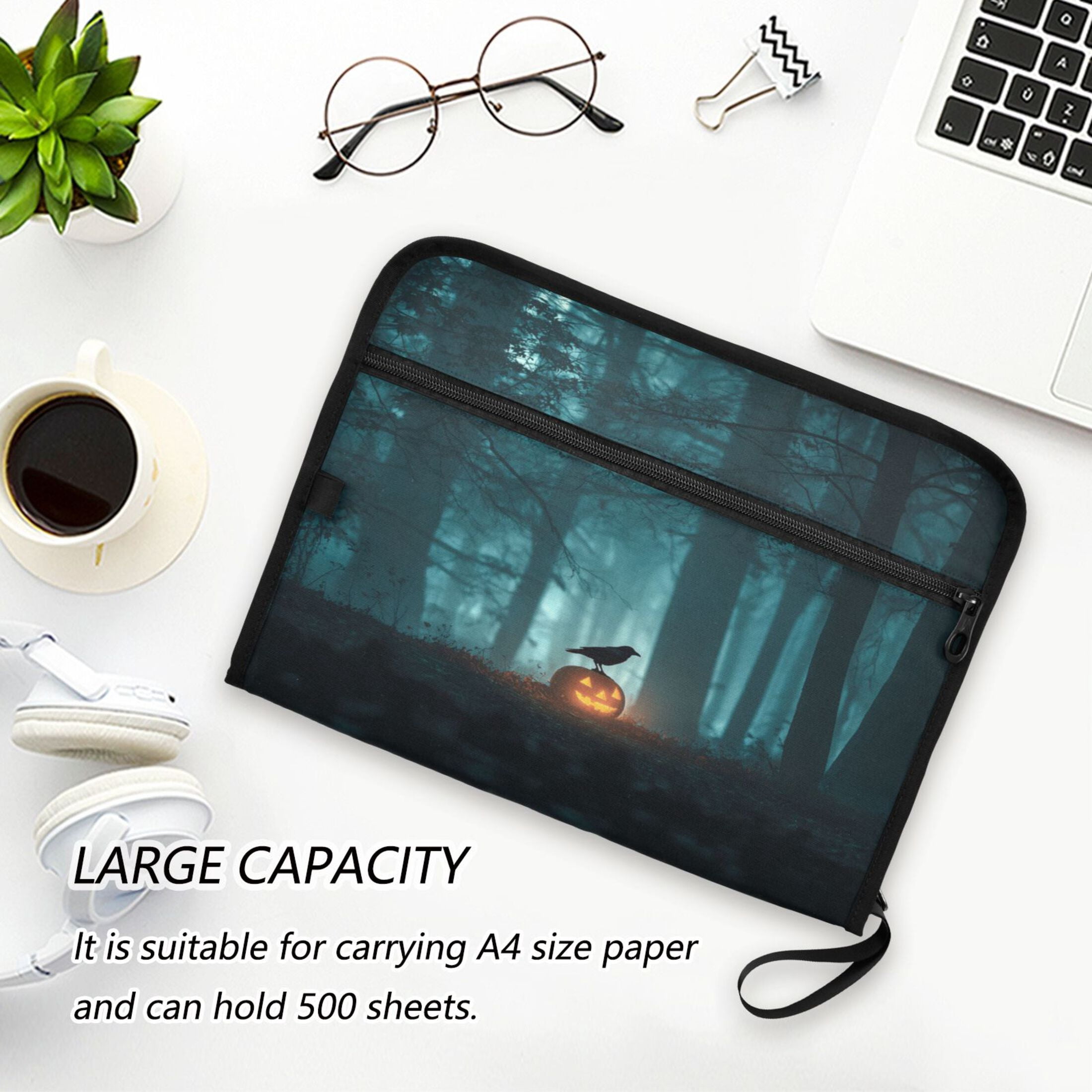 Accordion File Organizer with Zip Closure 13 Pockets Expanding File Folder Letter A4 Paper Document Organizer for Home Office Crow Perched on Pumpkin Lantern