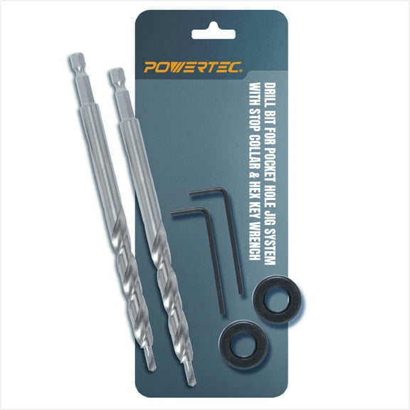 POWERTEC 2PK 1/4" Hex Shank Pocket Hole Drill Bit, Replacement Twist Step Drill Bit with Depth Stop Collar for Pocket Hole Jig System, Precision Drill Guide Woodworking Tools Accessories, 71933-P2N