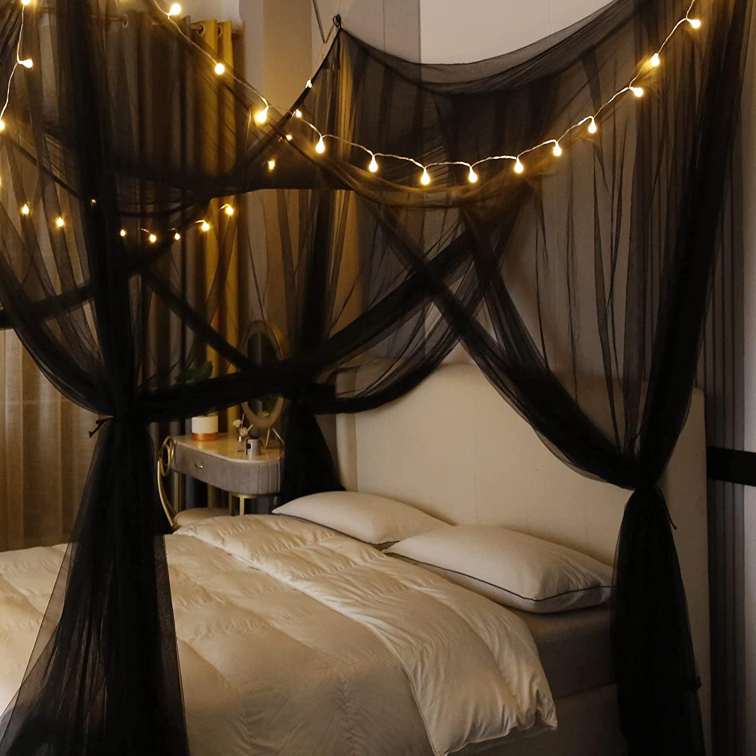 CAILDANL Bed Canopy,Canopy Bed Curtains Bed Drapes for Full Queen King Size Bed,Mosquito Net Bed Curtains for Patio Indoor Outdoor Net,Black Bed Canopy Curtains for Gothic