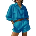 thumbnail image 2 of Jaimenalin Womens Solid Color 2 Piece Outfits Long Sleeve Lapel Button Loose Fit Top Mini Shorts Summer Set Lake Blue S, 2 of 5