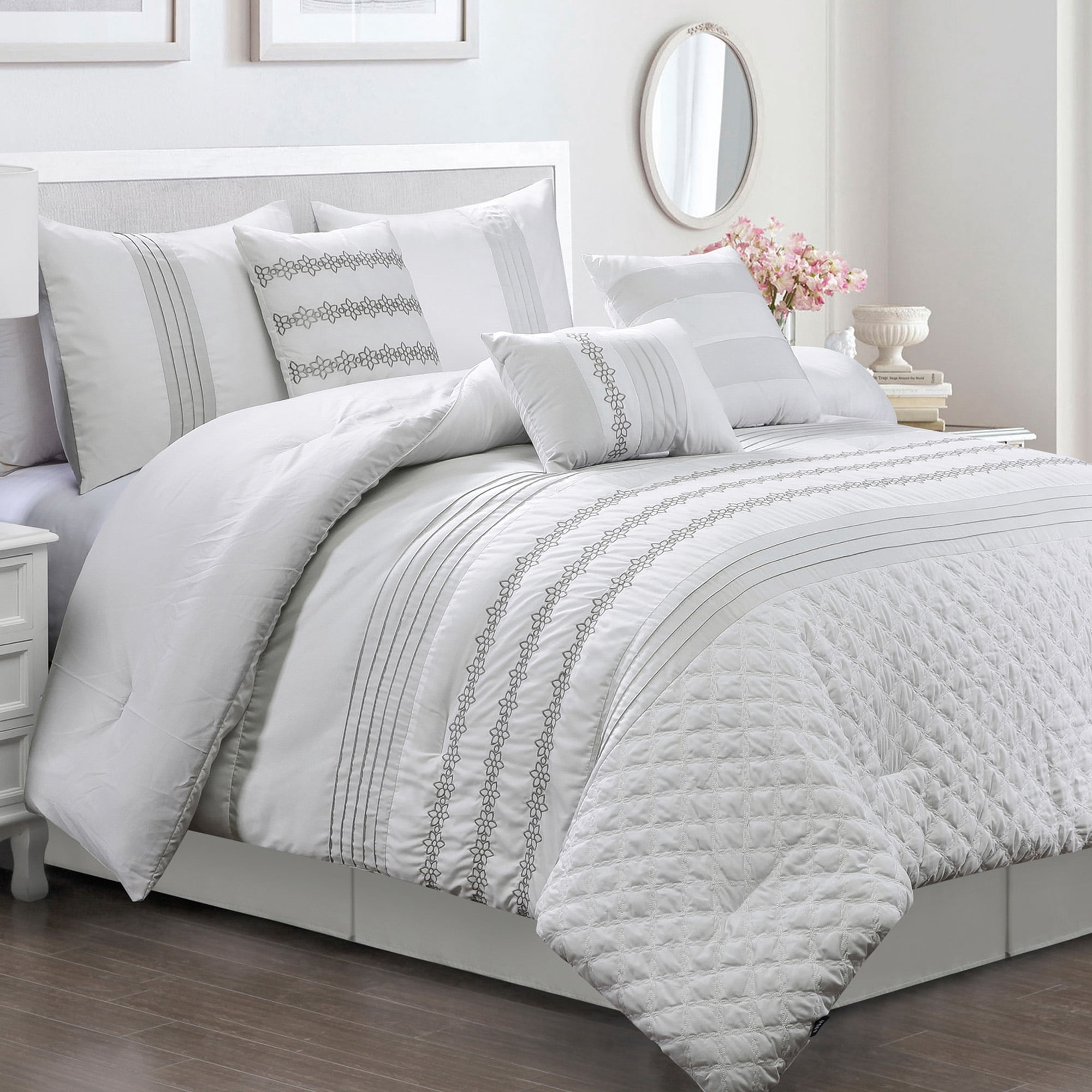 HIG 7 Piece Embroidery White Bed in a Bag, Modern and Stylish Comforter Set, Queen for Adults