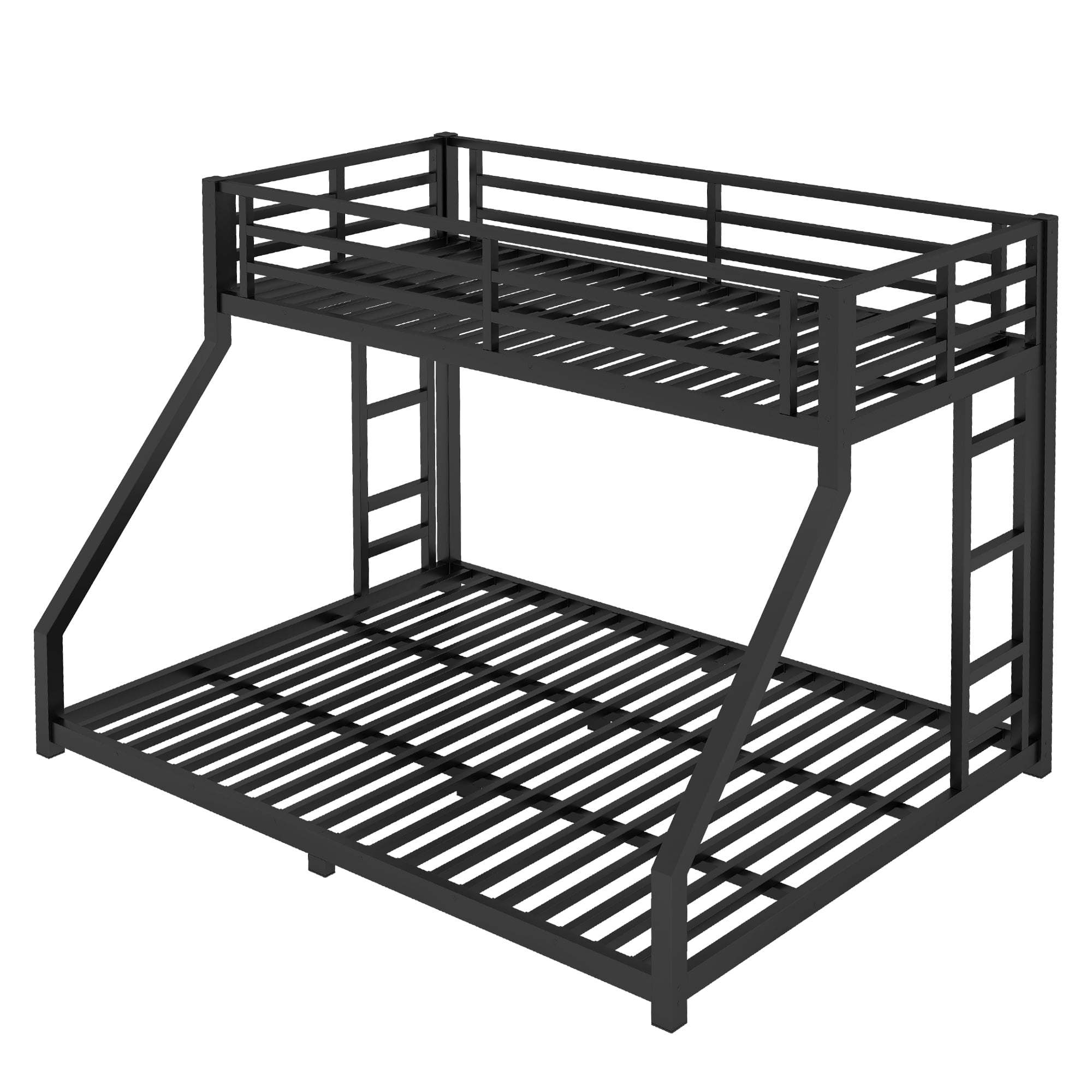 Twin XL Over Queen Bunk Bed for All Ages, Heavy Duty Metal Bunk Bed Frame with 2 Side Ladders & Safety Rails, Space-Saving, Multi-Functional, Black