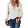 thumbnail image 3 of Pullover Lace Stitching V Neck Long Puff Sleeves Casual Comfortable Chiffon Women Top, 3 of 7