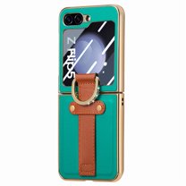Dteck for Samsung Galaxy Z Flip 5 Case with PU Leather Wrist Strap, Finger Ring Holder, Small Screen Film, Galaxy ZFlip5 2023 Ultra Slim Shockproof Fashionable Practical Phone Cover, Green