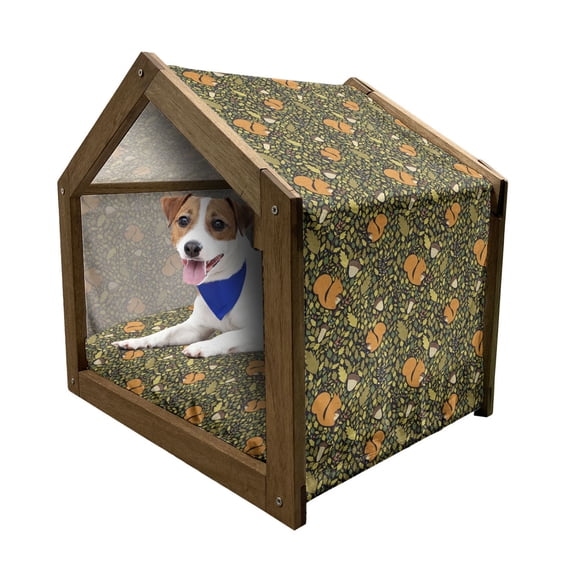 Acorn Pet House, Fallen Autumn Leaves Concept Squirrels in Peaceful Nature, Outdoor & Indoor Portable Dog Kennel with Pillow and Cover, 5 Sizes, Multicolor, by Ambesonne