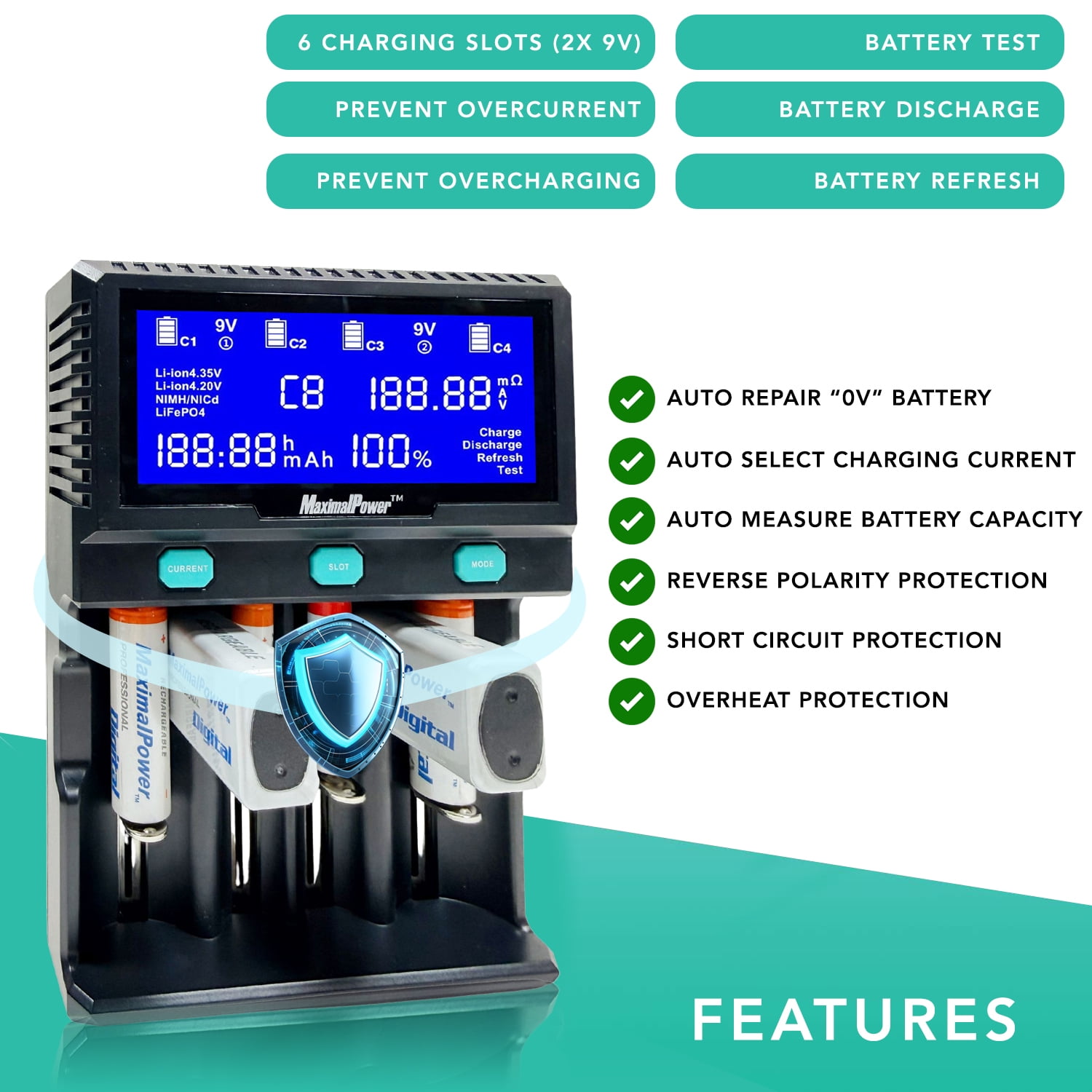 MaximalPower Universal Smart Battery Charger with Smart LCD Display for Rechargeable 9V AA AAA C D 26650 Batteries Li-ion Ni-MH - 6 Bay (2x 9V Battery Bays and 4x Universal Bays)