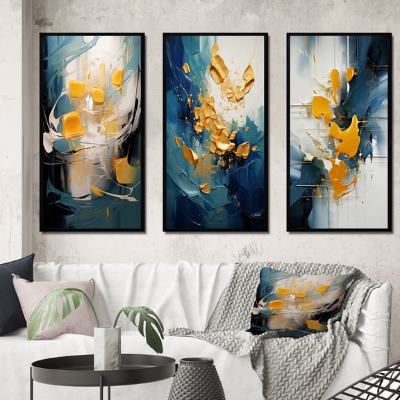 Designart "Unexpected Joy Teal and Yellow Abstract" Abstract Painting Framed Wall Art Set Of 3 - Blue Modern Frame Gallery Wall Set For Home Decor