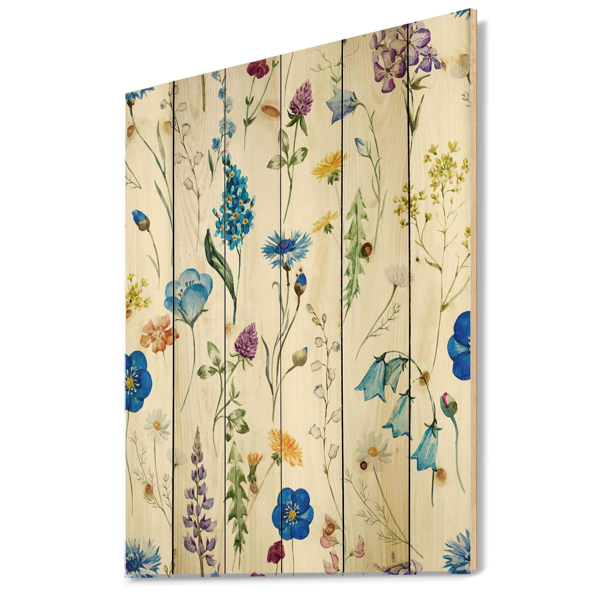 Designart 'Blue Wildflowers With Leaves I' Traditional Print on Natural Pine Wood