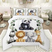 Manfei Jungle Panda Queen Comforter Set,Rustic Plant Leaf Bedding Sets,Zoo Elephant Zebra Bedding Comforter Set For Teens,Luxury Bedroom Decor Reversible,3-Piece