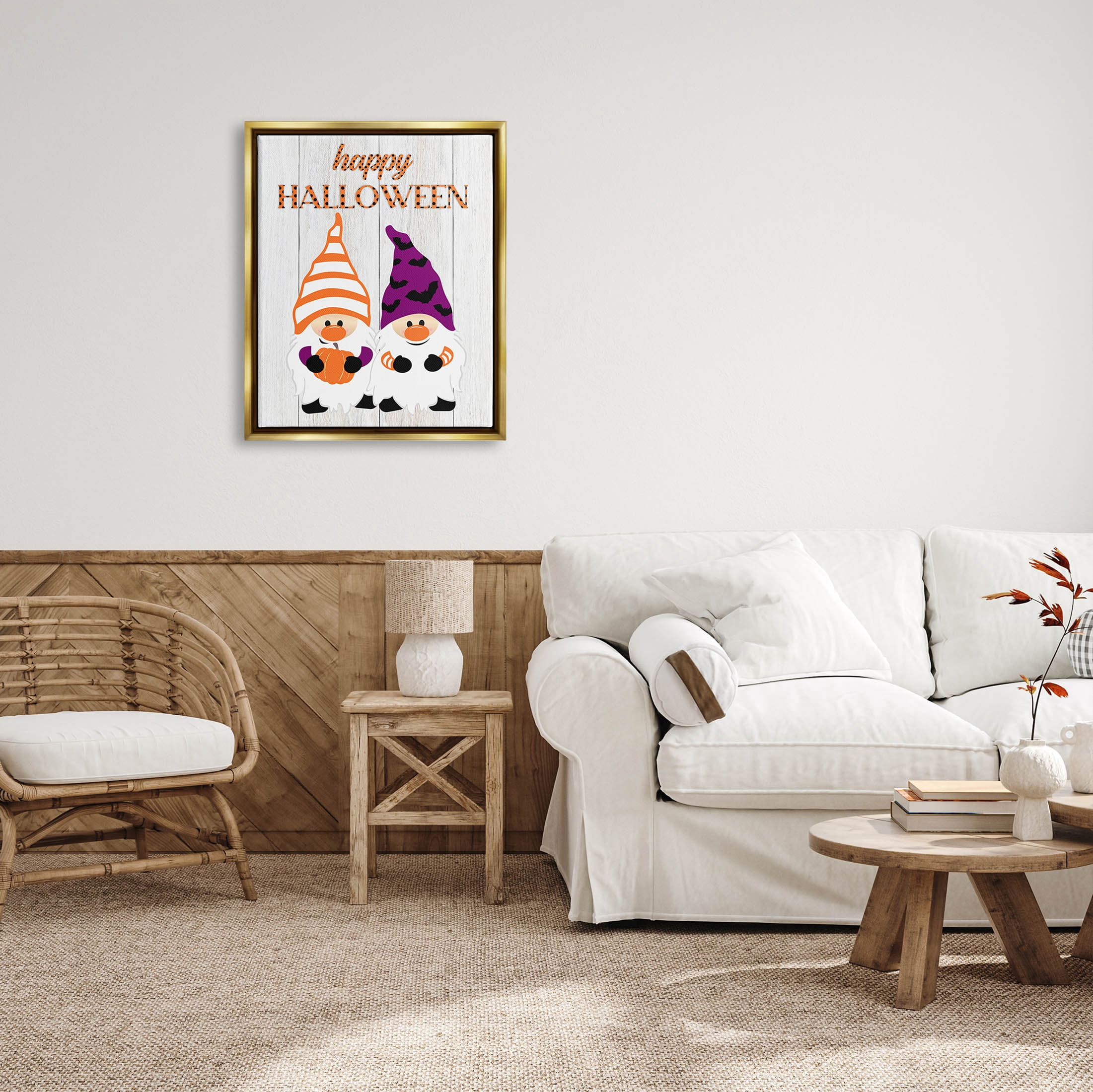 Stupell Industries Happy Halloween Seasonal Gnomes Graphic Art Metallic Gold Floating Framed Canvas Print Wall Art, Design by CAD Designs