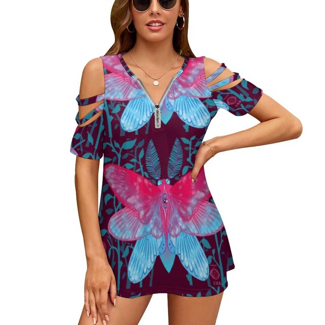 Hauts à Manches Courtes pour Femmes Col Rond Bretelles Creuses Tees Streetwear Papillon Animal Mignon Motif Coloré Yeux Roses et Bleu Sarcelle
