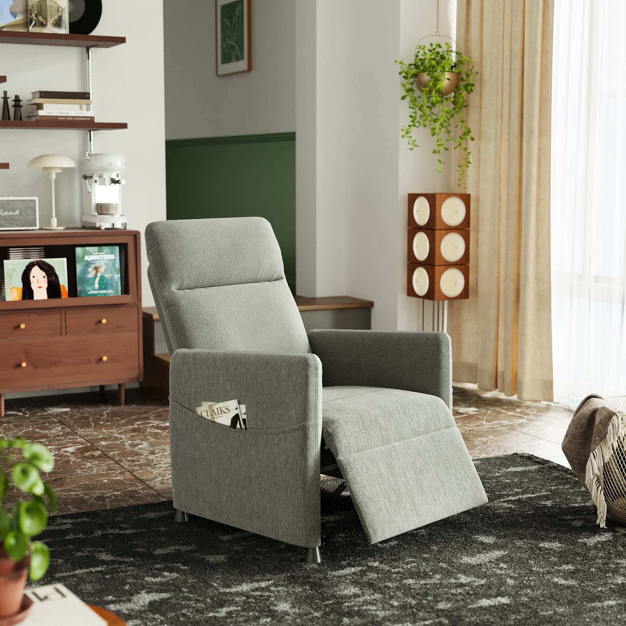 Miniyam Power Recliner Chair for Adults - Modern Fabric Electric Recliner Footrest, Padded Seat - Space-Saving Design for Living Room, Home Theater - Light Grey