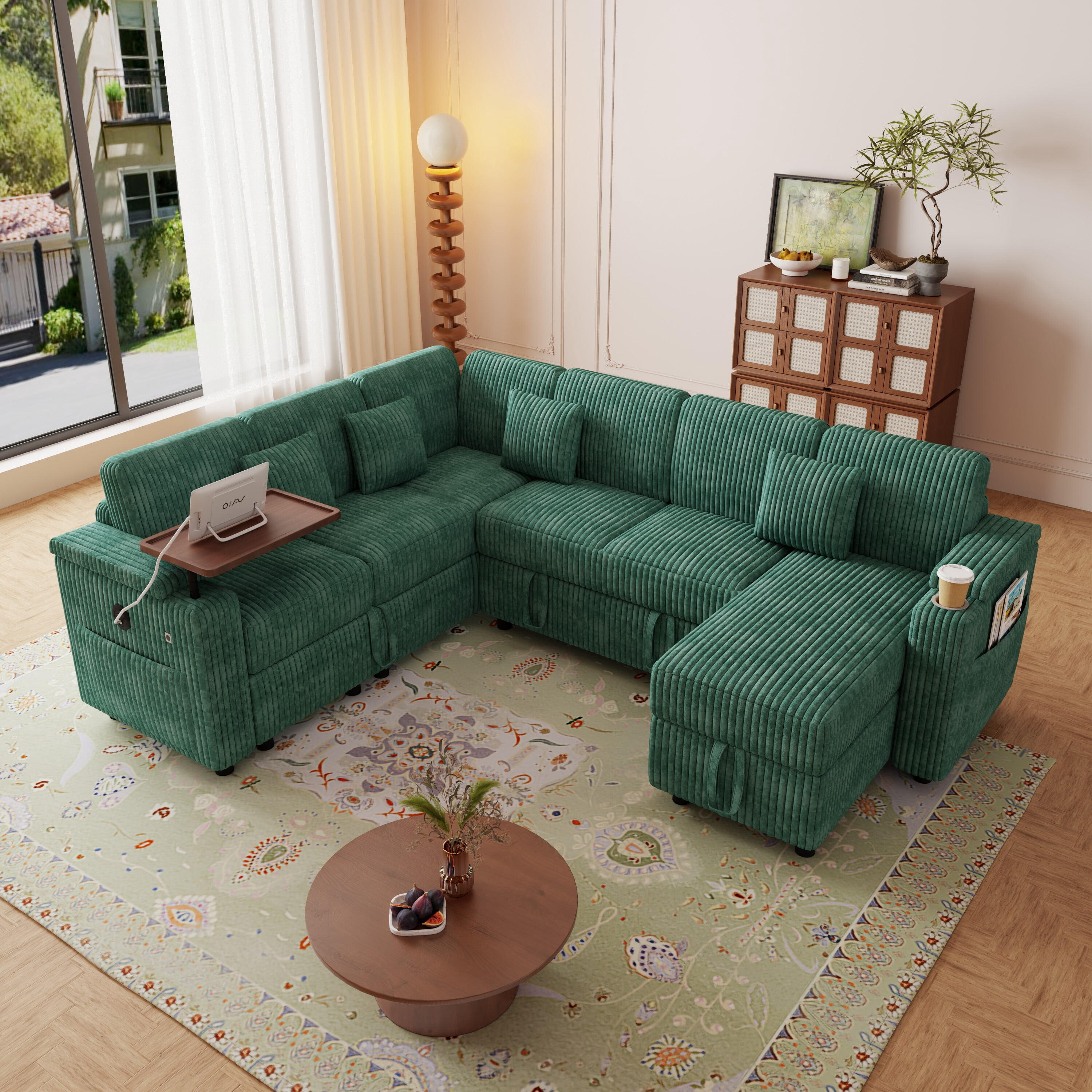 avobird 100'' Pull-out Sofa With USB ports, Table Board and Cup Holder, Comfortable Soft Cushioned Corduroy Fabric Sofa Bed, Extra-large U-shaped Combination Storage sofa bed, Green