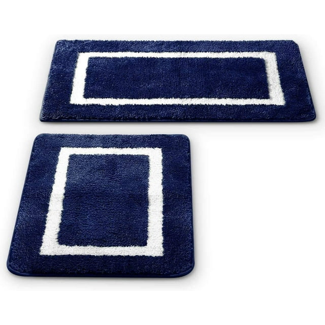2 Pack Ultra Soft Microfiber Bath Mat, Anti Slip Bath Rug Set, Strong Absorbent, Machine Washable Shower Rugs, Perfect Plush Bathroom Mat for Tub, Shower and Bathroom (L+M, Navy/White) Navy+white -
