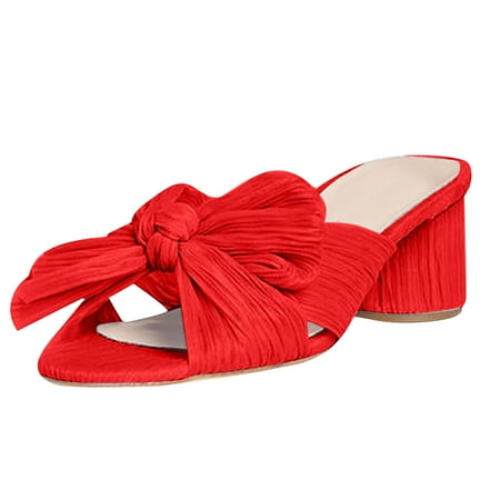 

Foraging dimple Women s Fashion Sandals Thick Heel Bow Silk Sandals Retro Buckle Shoes Red