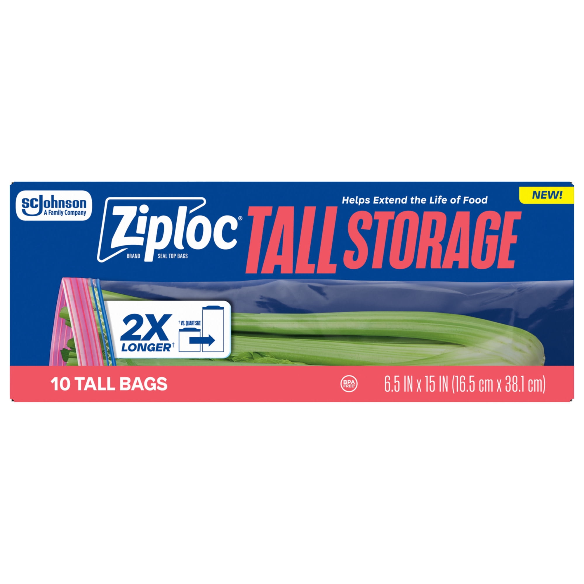 Ziploc® Brand Tall Storage Bags, Seal Top Closure, 10 Count