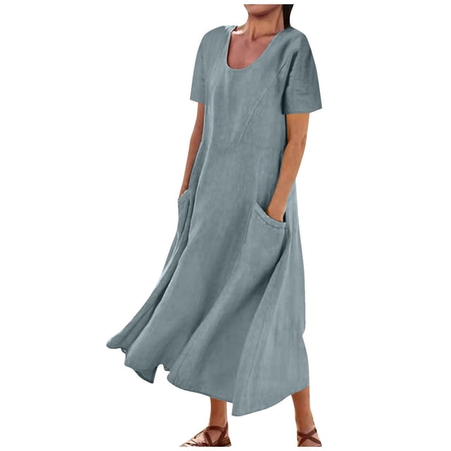 UPPADA Robe d'Été Fluide pour Femme en Coton et Lin à Manches Courtes, Robe Maxi à Col Rond, Robe T-Shirt Décontractée Unie, Robe Bohème de Plage avec Poches, Robes de Mariage pour Femme Gris, TTG