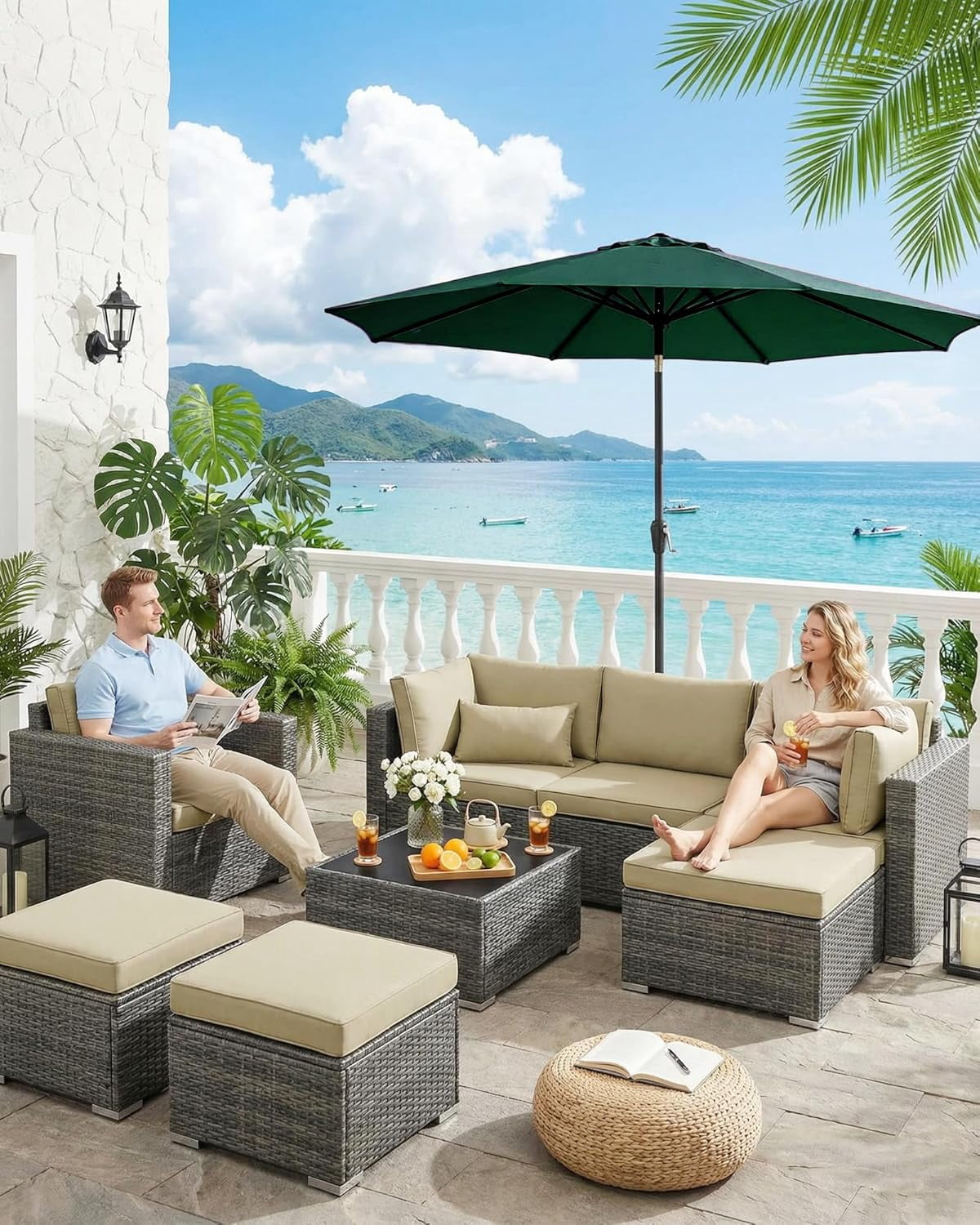 SOLLED 9FT Patio Umbrella with Push Button Tilt & Crank, Outdoor Market Table Umbrella with 8 Ribs for Garden Backyard Deck Pool,Dark Green