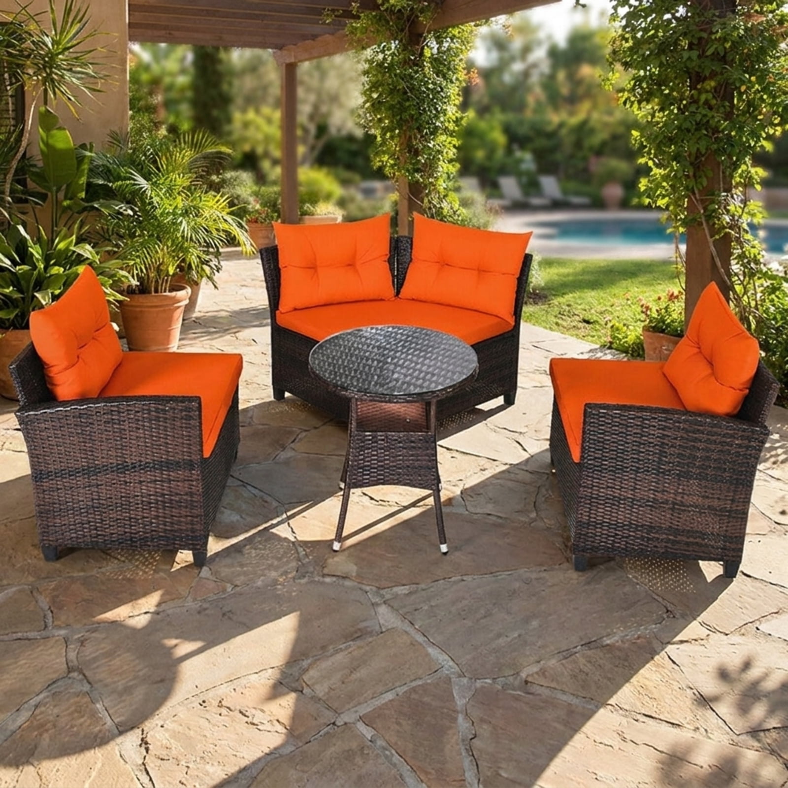 Furnibear 4 Pieces Outdoor Cushioned Rattan Furniture Set Patio Conversation Set with Loveseat Two Armchairs and Table for Backyard, Red