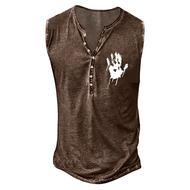 Débardeur Homme Été Mode Rétro Basique à Boutons Sans Manches avec Petit Imprimé pour Hommes T-Shirt Classique Imprimé