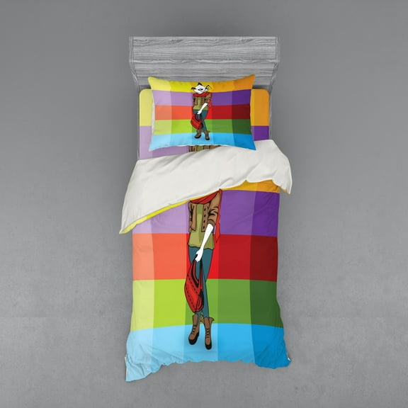 Ambesonne Colorful Bedding Set 3 Pcs, Cartoon Fox Fashion Funny, Twin, Multicolor