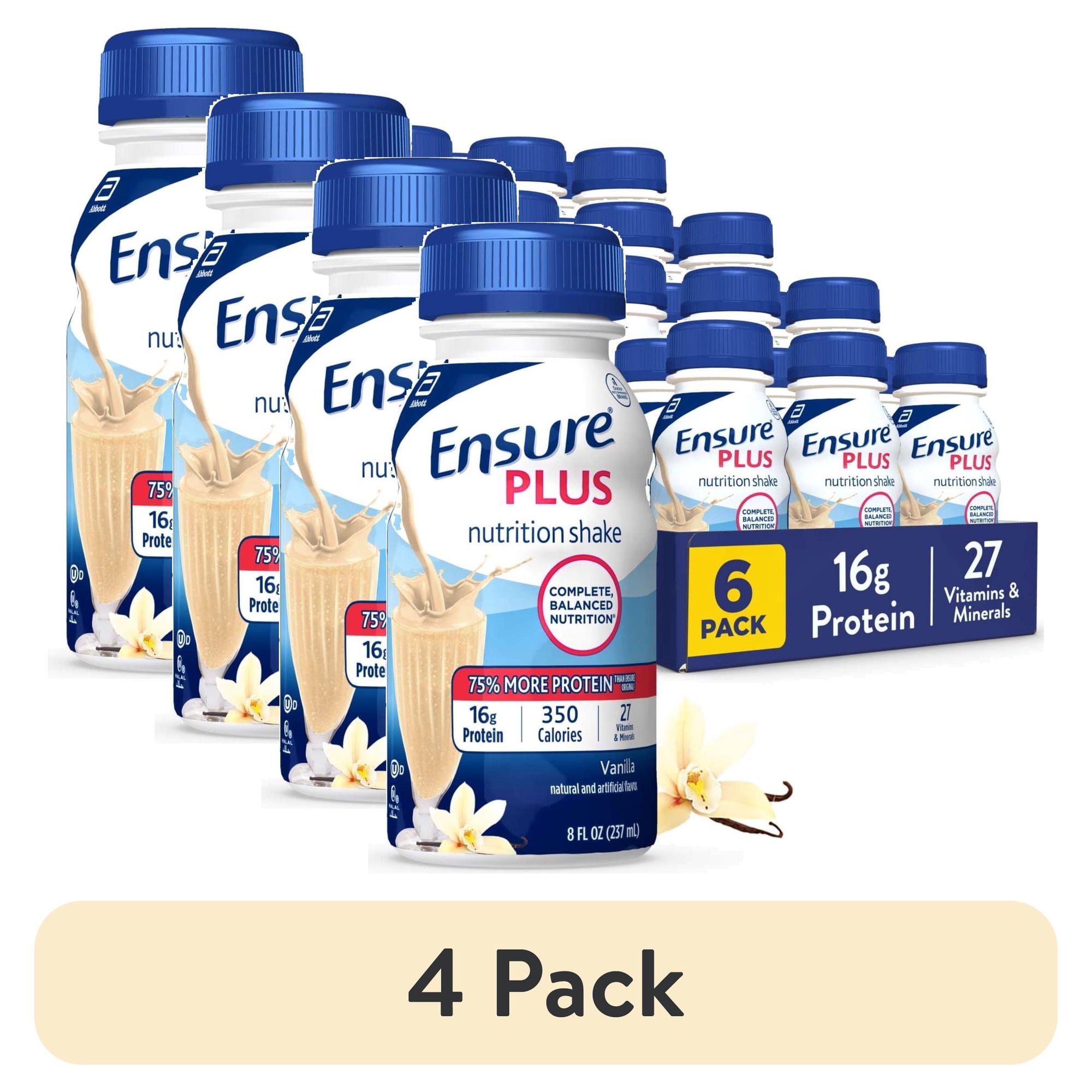 (4 pack) Ensure Plus Meal Replacement Nutrition Shake, Vanilla, 16g Protein, 8 fl oz - 6 Pack