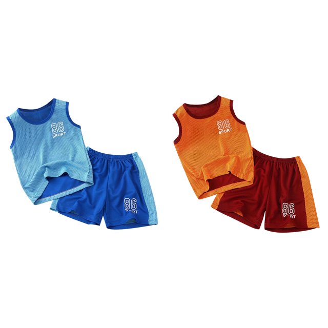 2 Pack(Bleu 1PCS & Rouge 1PCS) Multipack Costume à Manches Courtes pour Garçon Été Séchage Rapide Costume de Sport T-Shirt de Basketball + Shorts Costume de Football 2 Ensembles
