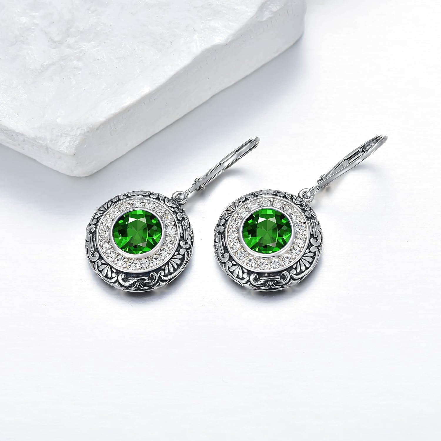 May Birthstone Earrings 925 Sterling Silver Emerald Green Earrings Filigree Birthstone Dangle Drop Earrings for Women Mother's Gifts Fine Jewelry for Women Mom Grandmother