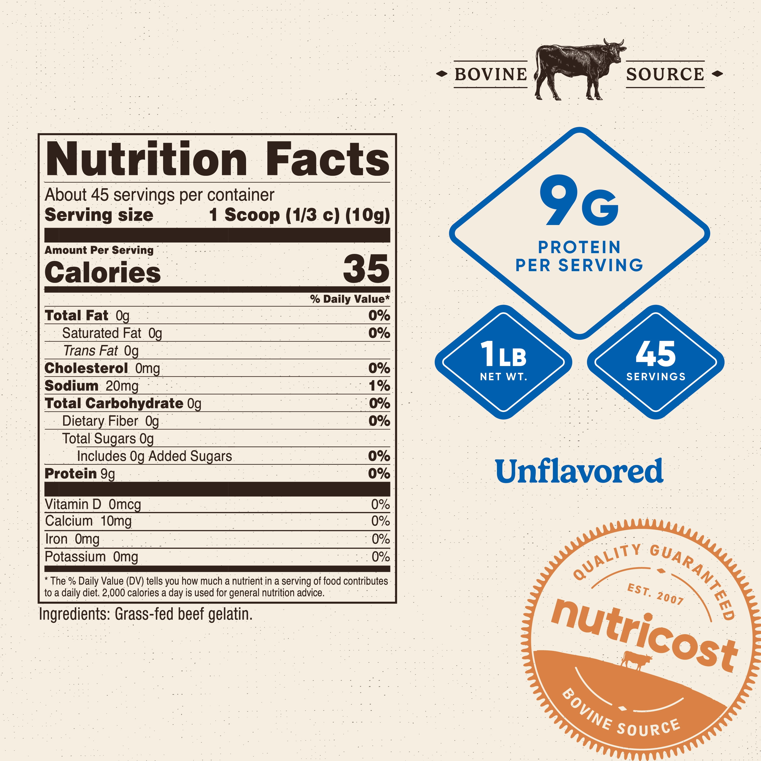 Nutricost Grass-Fed Beef Gelatin Powder (1 LB) Unflavored - 9g of Protein per Serving, GMO-Free, Gluten-Free, 45 Servings