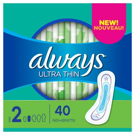 Always Ultra Thin Pads without Wings, Unscented, Long, Size 2, 40 Ct