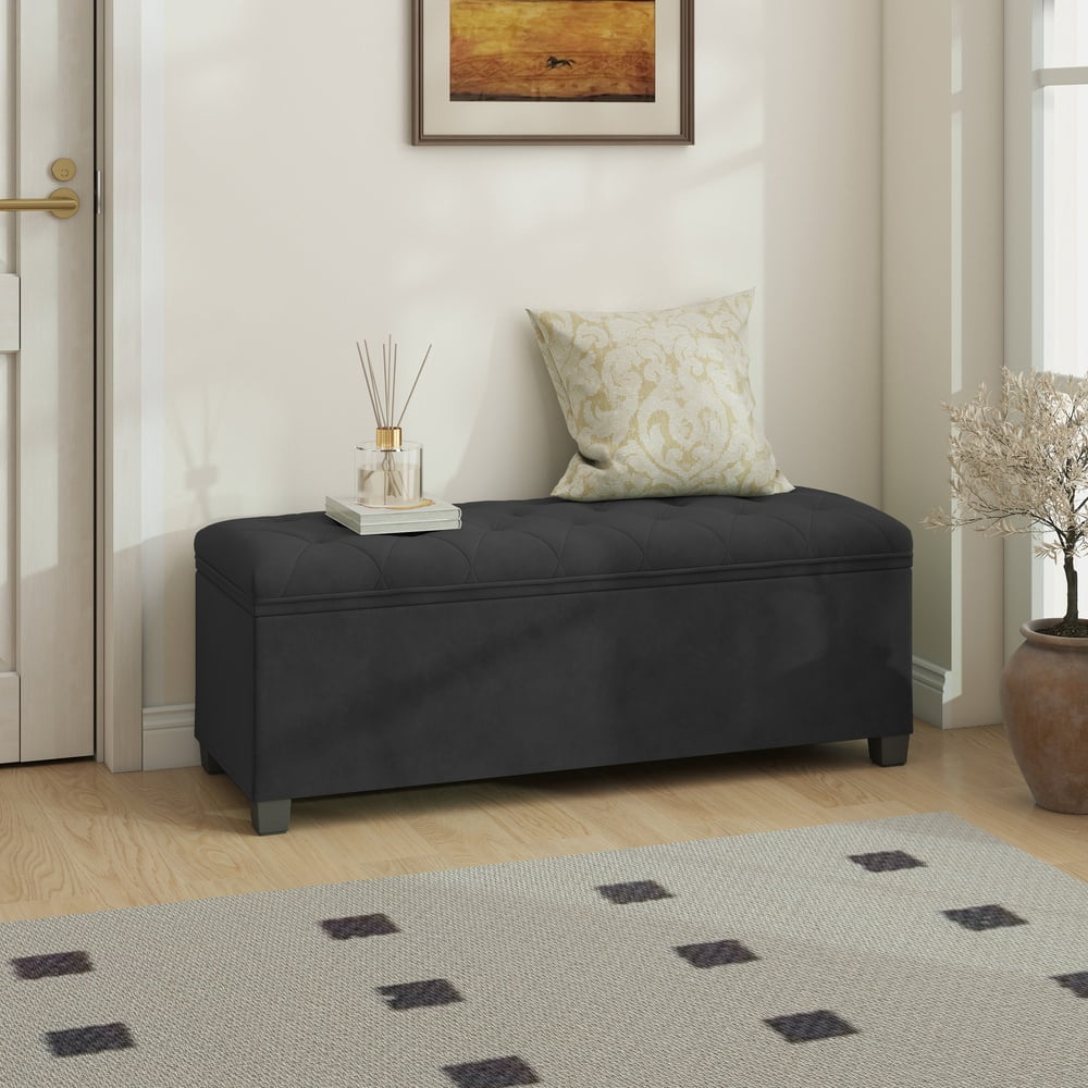 LEDREM Velvet Storage Ottoman Bench with Removable Cover, 43-Inch Long Foot Rest Stool for Bedroom Living Room, Holds 660 lbs, Ink Black