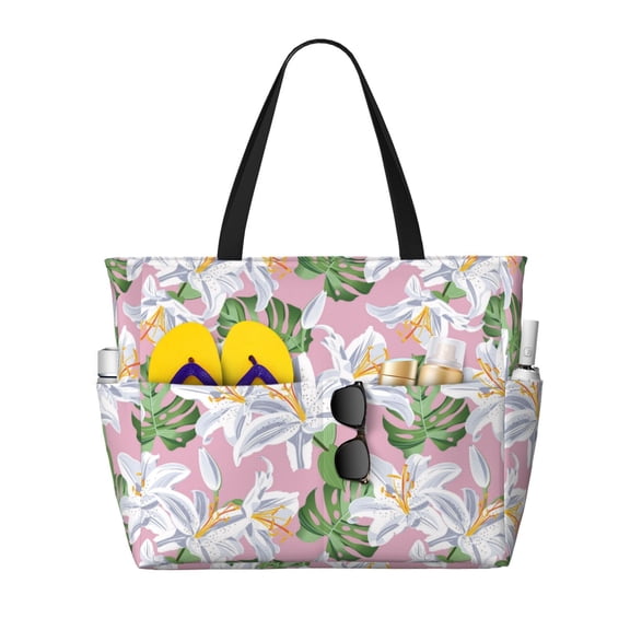 Large Beach Bags Water-resistant Sandproof - Lilies Flowers Green Pink Cute Beach Tote Bags for Women with Zipper