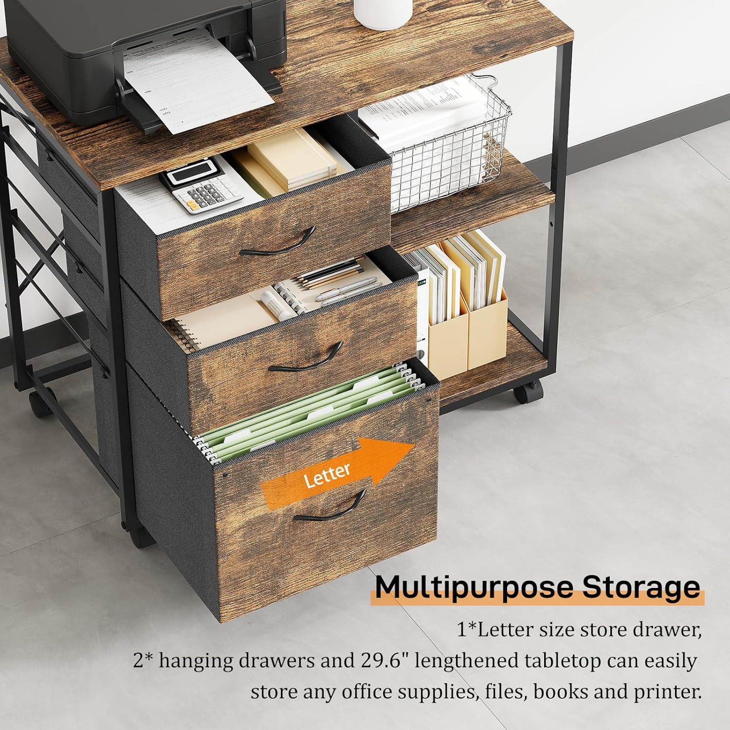 Ktaxon Rolling File Cabinet Under Desk Printer Stand with Shelves Adjustable, Mobile Lateral Filing Cabinet for Home Office, Fits Letter for Home Office, Brown