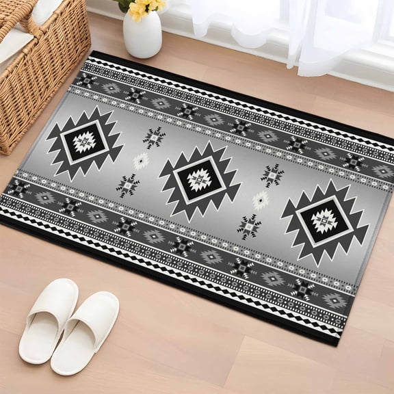 Gray Aztec Bathroom Rug Washable 2x3 Entryway Rug Non Slip Bohemian Southwest Country Ethnic Art Front Door Mat Low Pile Indoor Doormat Throw Floor Carpet for Kitchen Bedroom Entrance