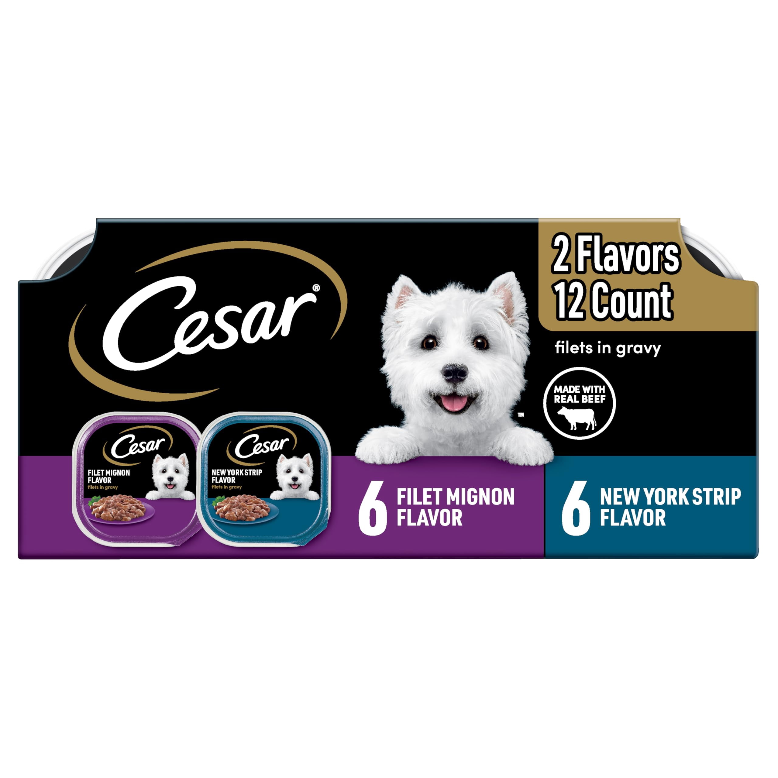 Cesar Filets in Gravy Adult Wet Dog Food Variety Pack, Filet Mignon and New York Strip Flavors, 3.5 oz. Easy Peel Trays, Variety Pack, 12 Count (Pack of 2)