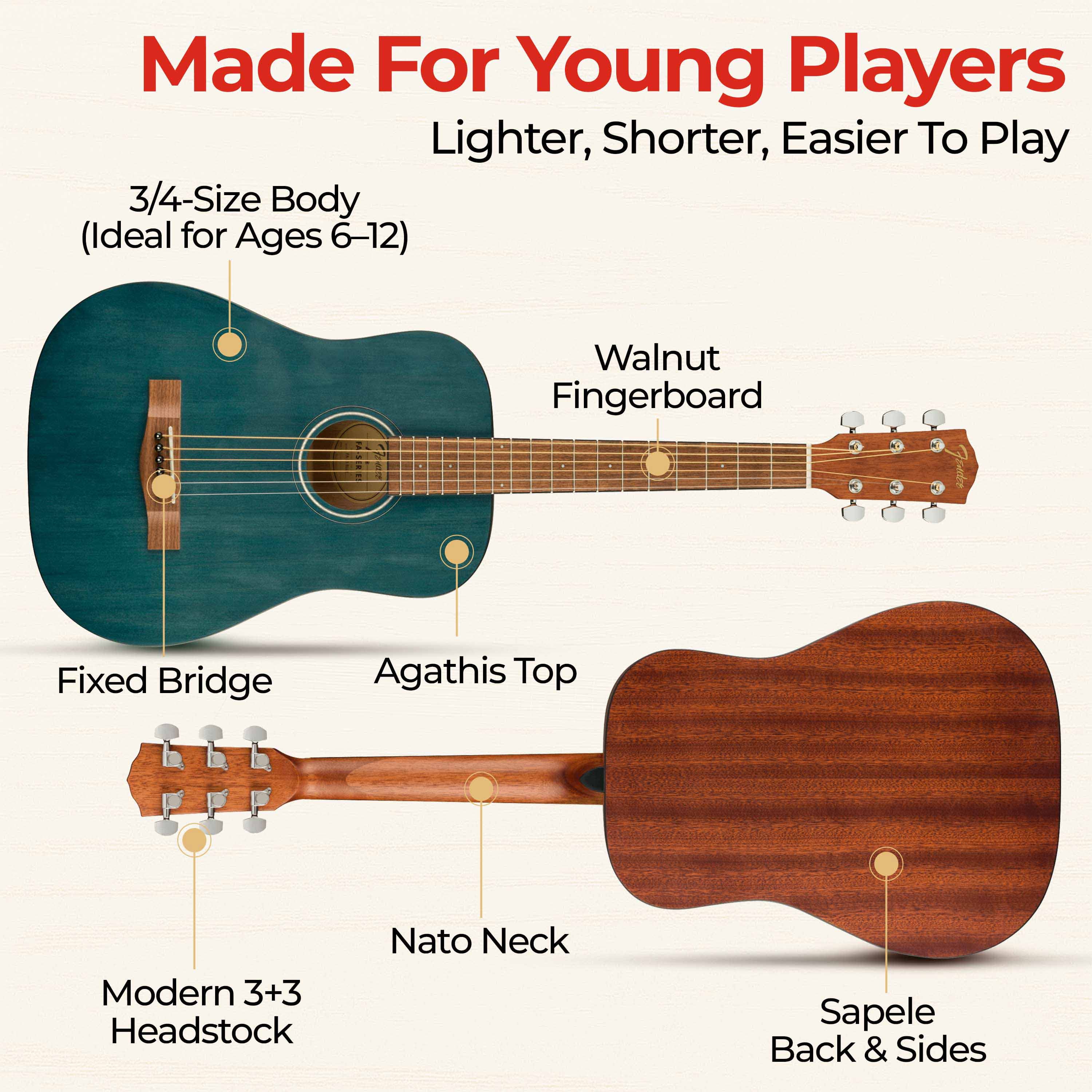 Fender FA-15 3/4-Scale Kids Steel String Acoustic Guitar - Blue w/ Gig Bag