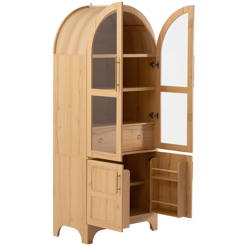 Arched Kitchen Pantry Cabinet with Door Shelves, 71" Tall Kitchen Storage Cabinet with Open & Adjustable Shelves, Freestanding Kitchen Cupboard with Hidden Drawer & Glass Door