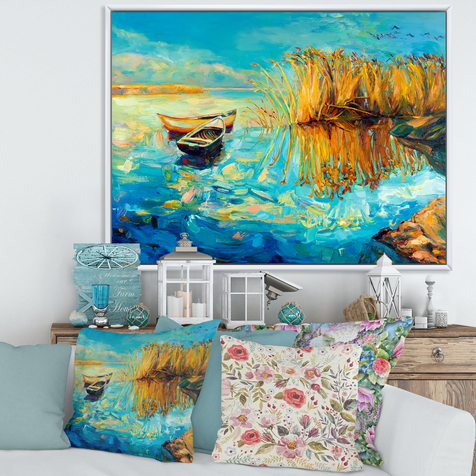 Designart 'Orange Trees With Turquoise Lake During Sunset' Nautical & Coastal Framed Canvas Wall Art Print