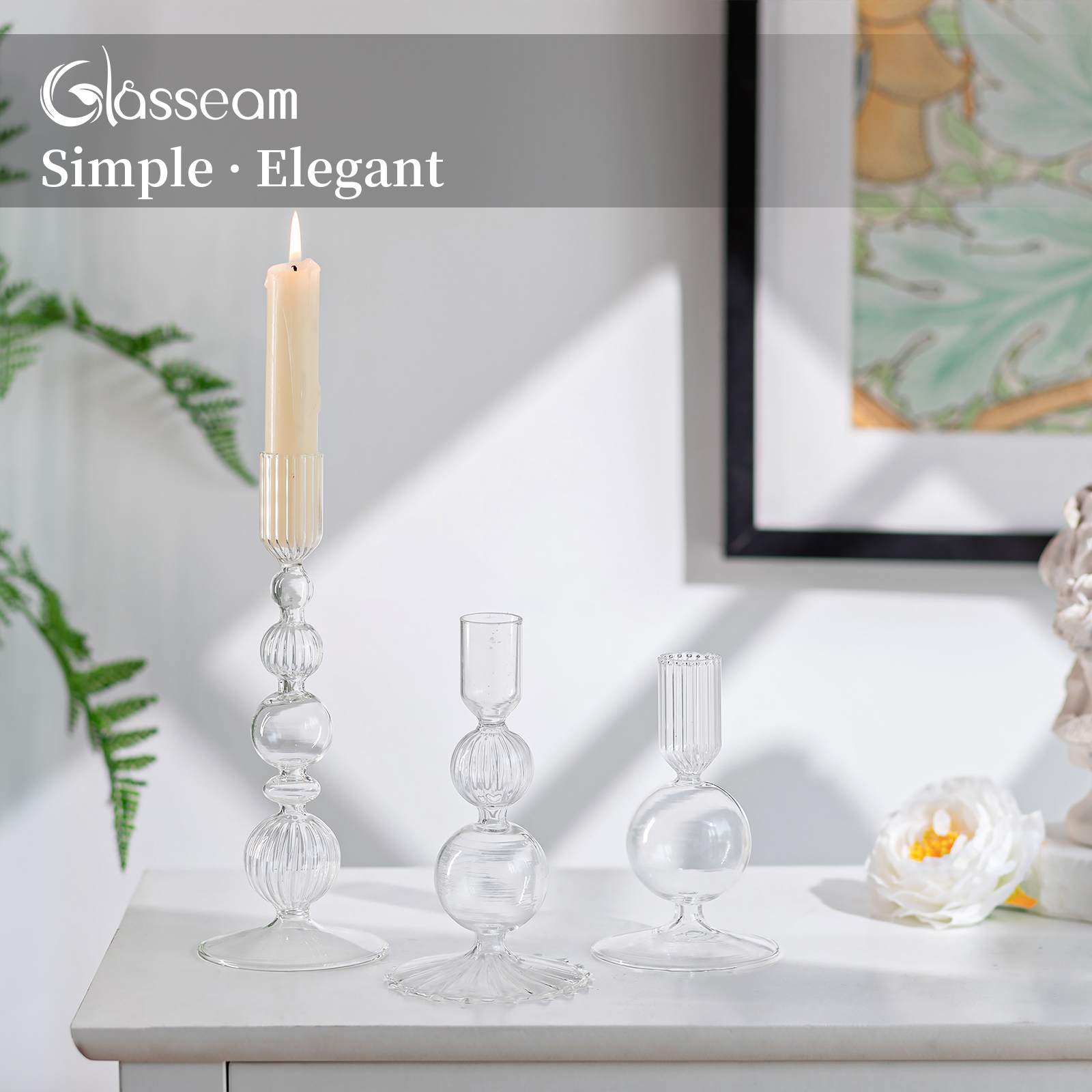 Glasseam Set of 3 Clear Glass Taper Candle Holders: Modern Christmas Wedding Table Centerpiece Decorations Ideal Gift Idea