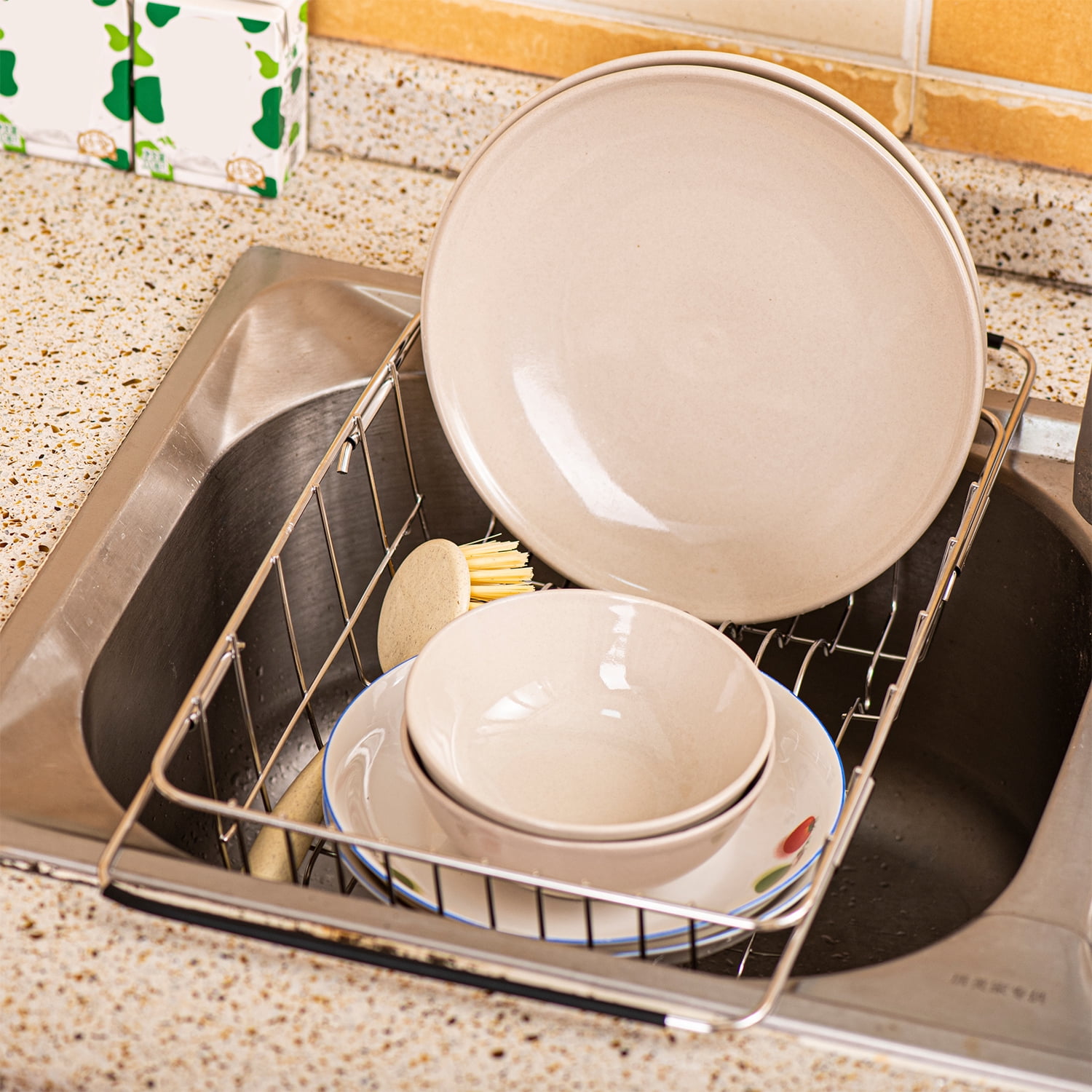 Gecheer Dish Drying Rack Expandable Dishes Drainer Over The Sink Adjustable Arms Dish Drainer, Dish Rack in Sink, Rustproof Stainless Steel