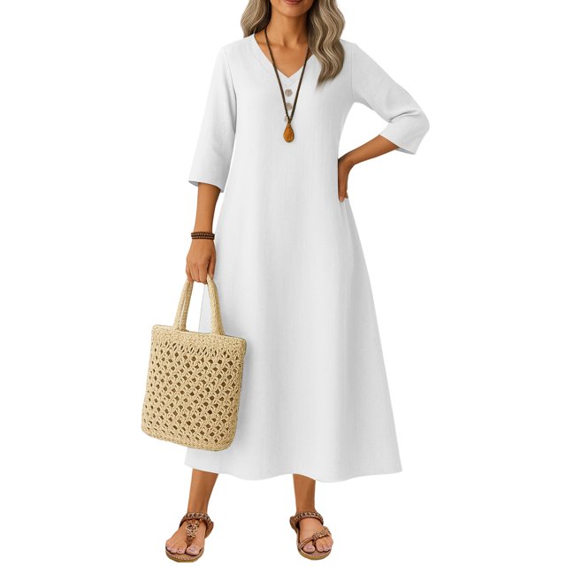 Robe Tailleur pour Femme Robe pour Femmes Longue Robe Bohème de Plage Élégante Robe Maxi Robe à Col en V Robe à Manches 3/4 Blanche G